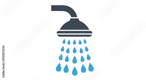 Simple blue showerhead icon with falling water droplets on a white background
