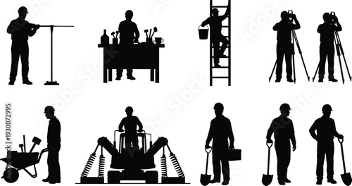 Construction and Survey Worker Silhouettes Set with Tripod, Ladder, Shovel, Wheelbarrow and Heavy Equipment Isolated on White Background Vector Illustration Collection