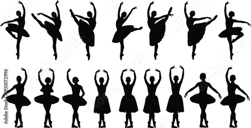 Ballet Dancer Silhouettes Collection with Graceful Poses, Tutu Dress and Classical Dance Movements Isolated on White Background Vector Illustration Set