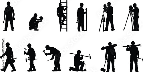 Construction and Survey Workers Silhouettes Set Featuring Builders with Tools, Ladder, Tripod and Safety Equipment Isolated on White Background Vector Illustration Collection