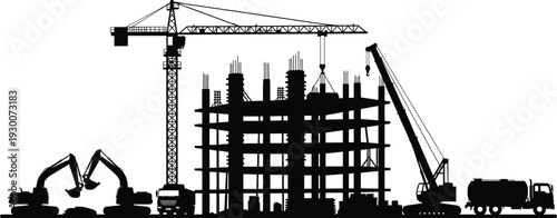 Construction Site Silhouette with Tower Crane, Excavators and Building Structure Under Development Isolated on White Background Vector Illustration of Industrial Engineering Scene