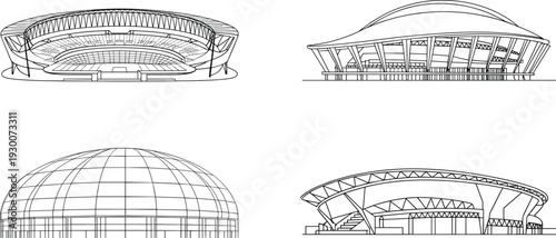 Modern stadium architecture line art set, detailed arena exterior vector illustration isolated on white background collection