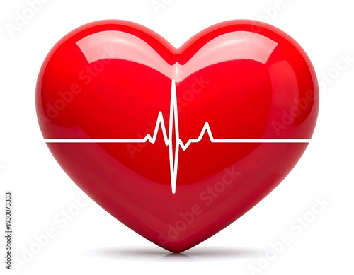 Glossy, red heart illustration with a white, linear heartbeat waveform across it, against a white backdrop. It symbolizes health