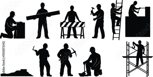 Construction Workers Silhouettes Collection Showing Builders Using Tools, Scaffolding, Ladder and Safety Equipment Isolated on White Background Vector Illustration Set of Industrial Labor Scenes