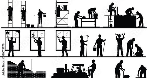 Construction Workers Silhouettes Set with Scaffolding, Ladder, Window Installation, Bricklaying and Road Work Isolated on White Background Vector Illustration Collection