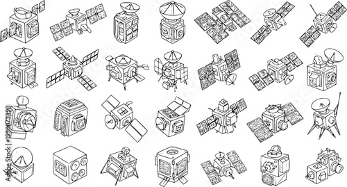 Detailed Isometric Line Art Collection of Space Satellites. Vector Illustrations of Communication, Weather, and Navigation Spacecraft with Solar Panels and Antennas.