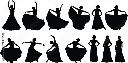 Flamenco and Spanish Dancer Silhouettes Collection with Flowing Dress and Elegant Poses Isolated on White Background Vector Illustration for Dance Performance