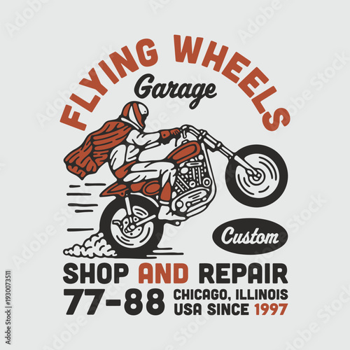 Retro Motorcycle Rider Wheelie Custom Garage Shop and Repair Graphic Design