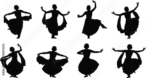 Flamenco Dancer Silhouettes Collection with Traditional Spanish Dress and Expressive Poses Isolated on White Background Vector Illustration Set for Dance Performance