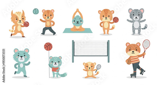 Cute cartoon animals playing sports and exercising.