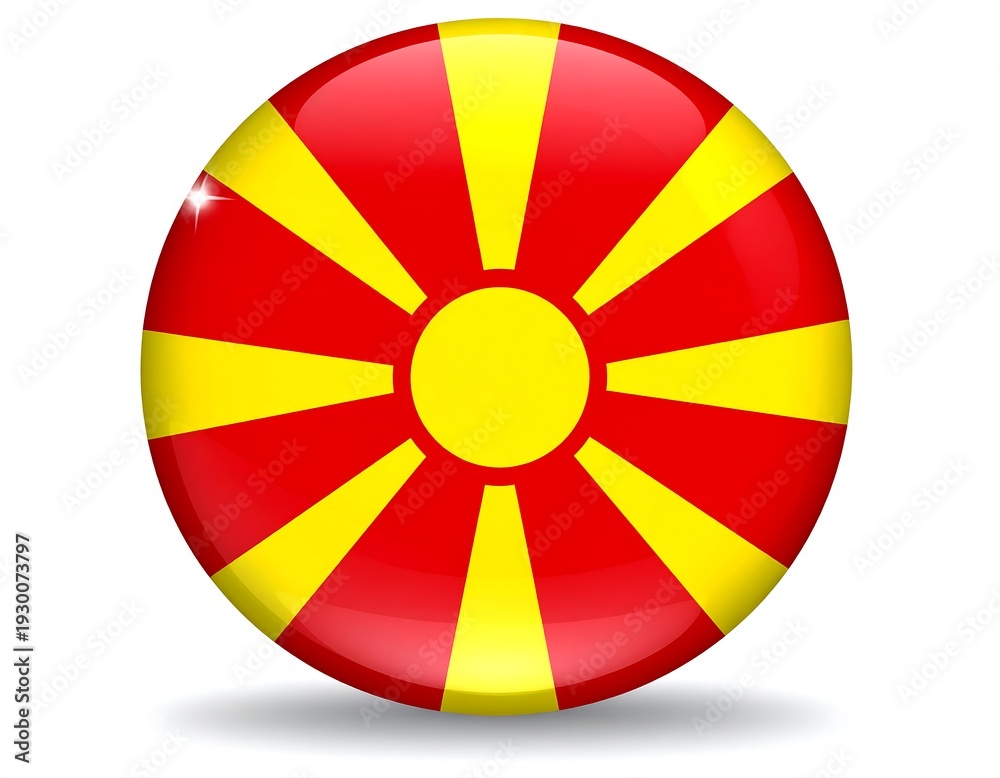 Obraz premium Glossy, rounded emblem, featuring radiant yellow rays emanating from a central circular sun on a field of red