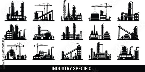 Industrial Factory and Refinery Silhouettes Collection with Power Plant, Crane and Manufacturing Facilities Isolated on White Background Vector Illustration Industry Set