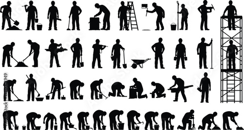 Large Construction Workers Silhouettes Collection Featuring Builders with Tools, Scaffolding, Ladder, Shovel and Equipment Isolated on White Background Vector Illustration Set