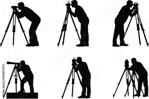 Surveyor and Engineer Silhouettes Using Theodolite and Tripod Equipment for Land Surveying and Construction Measurement Isolated on White Background Vector Illustration Set
