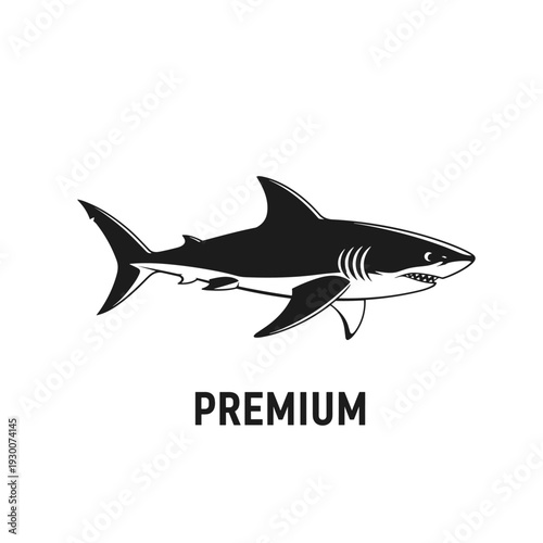 Monochromatic vector illustration of a shark with prominent teeth and the word Premium