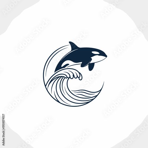 Monochromatic orca killer whale leaping over a stylized ocean wave