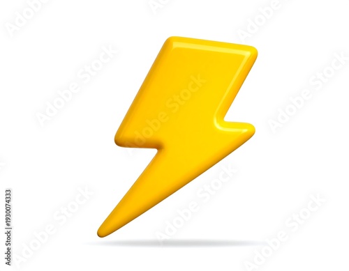 Glossy yellow, 3D rendered lightning bolt graphic on a white background with a subtle drop shadow beneath it