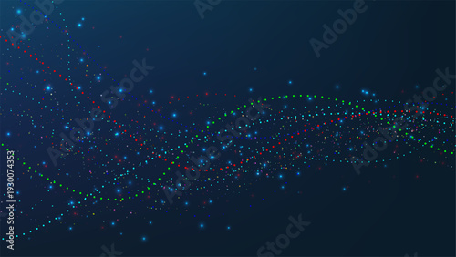 Abstract digital wave of glowing multi colored particles flowing on dark blue background, high tech data motion and futuristic energy network creative design