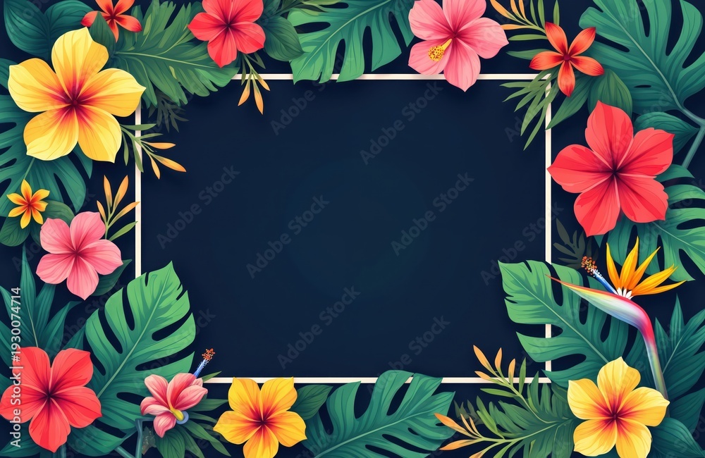 Fototapeta premium Vibrant tropical floral frame with colorful hibiscus, plumeria, and bird of paradise flowers and lush green leaves. Offers dark empty space for text or design elements.