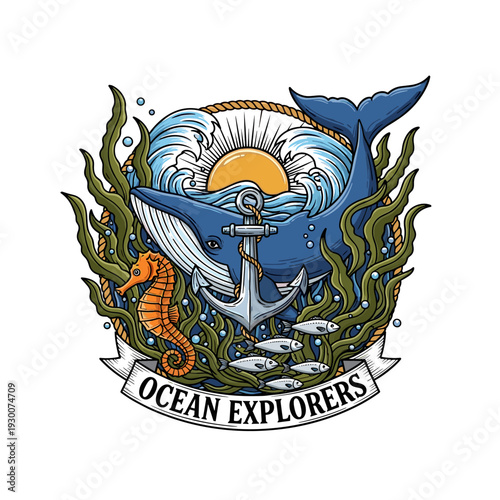 Ocean explorers illustration with whale seahorse anchor fish and sun waves
