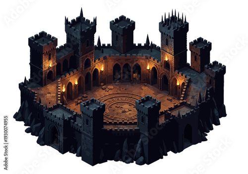 Ancient castle courtyard illuminated by torches at dusk from an aerial viewpoint