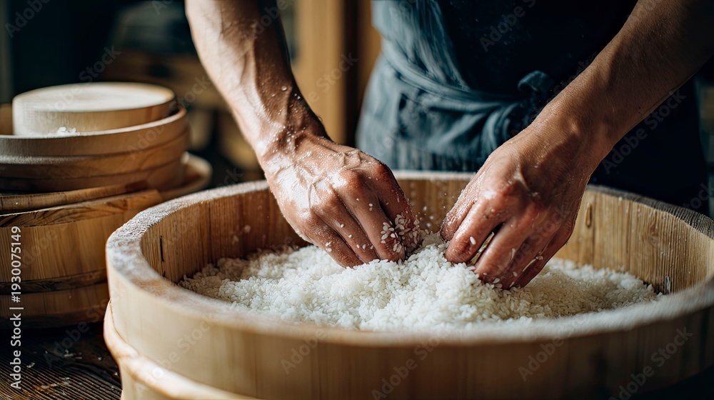 Fototapeta premium Mixing Rice with Vinegar for Perfect Sushi Preparation