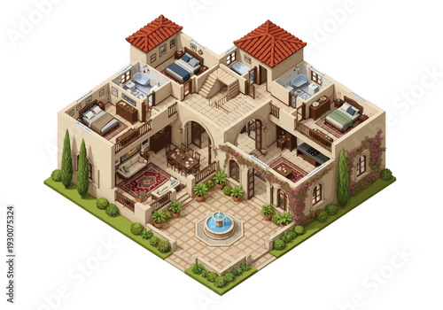 Isometric view of a luxurious villa with courtyard, fountain, and rooftop gardens