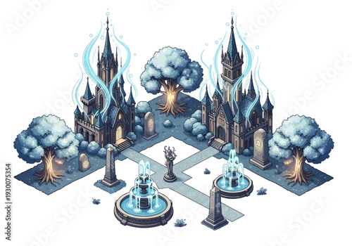 Mystical Castle Illustration with Towers and Fountains in a Fantasy Landscape View