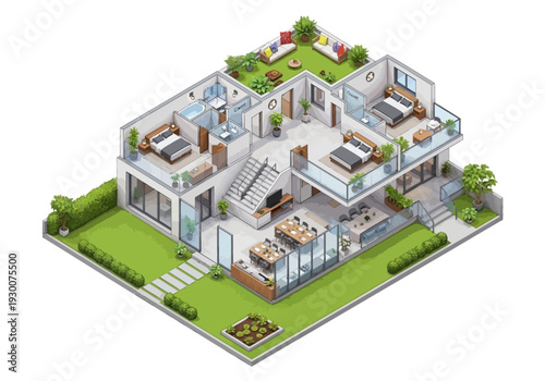 Isometric illustration of a modern luxury house with spacious rooms and beautifully landscaped garden viewed from above