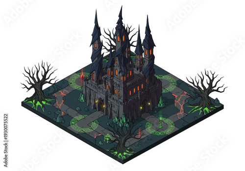 Isometric View of a Haunted Castle with Towers and Barren Trees in a Dark Environment