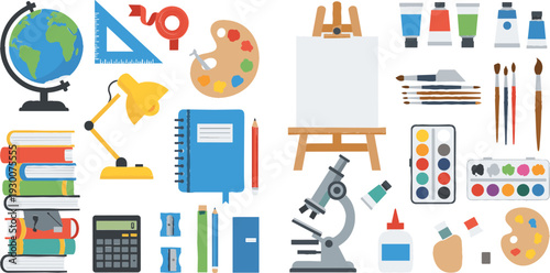 Education and Art Supplies Icon Set for Learning, Creative Projects, Digital Design, and School Use