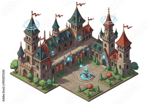 Isometric castle with towers and fountain in the courtyard viewed from above