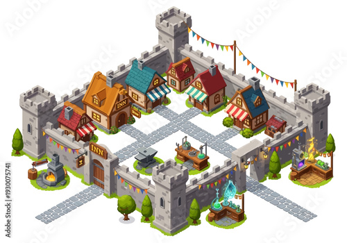 Aerial view of a medieval town with buildings and towers surrounded by a stone wall