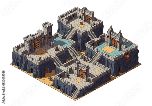 Isometric illustration of a fantasy castle with towers and moat viewed from above