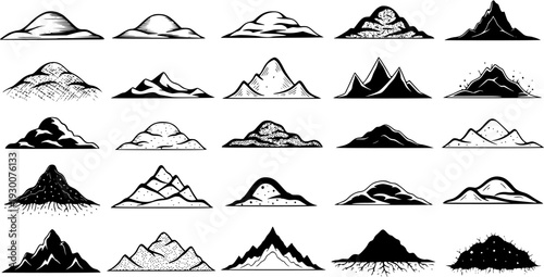 Set of 20 Black and White Mountain Silhouettes, Sketches, Icons, and Clip Art