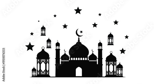 A stunning black silhouette depicts a mosque crescent moon stars and lanterns evoking islamic tradition silhouette high quality