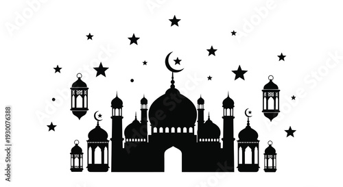 A striking black silhouette depicts an islamic mosque with stars a crescent moon and lanterns silhouette high quality