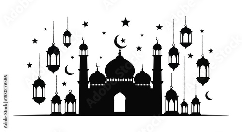 A striking black silhouette of a mosque with celestial elements for eid or ramadan celebrations silhouette high quality