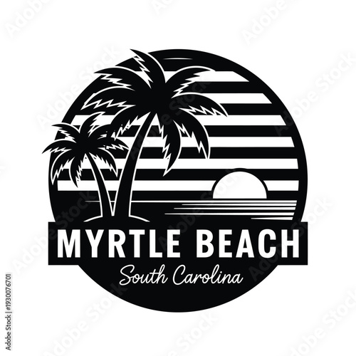 Vector illustration myrtle beach south carolina black and white illustration with palm trees and sunset