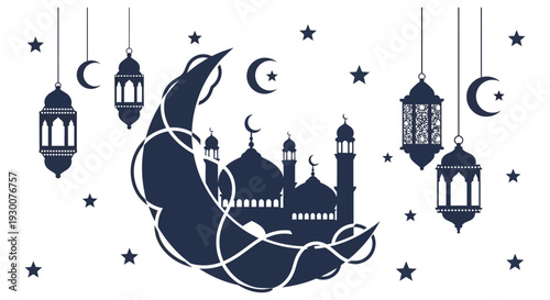 A serene ramadan scene featuring a crescent moon mosque lanterns and stars in silhouette high quality professional detailed