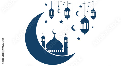 A navy blue crescent moon and mosque silhouette adorned with hanging lanterns and stars a peaceful scene silhouette