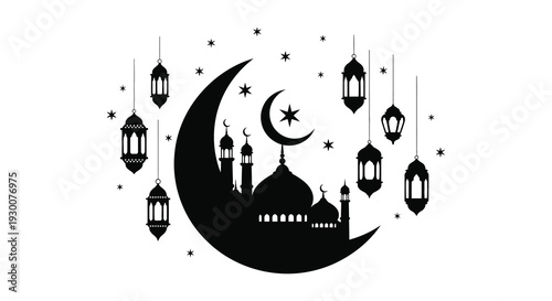 An elegant ramadan illustration featuring a crescent moon mosque and lanterns in dark silhouette high quality professional detailed