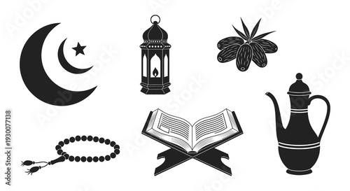 A striking collection of islamic symbols including a crescent moon lantern and teapot silhouette high quality professional detailed