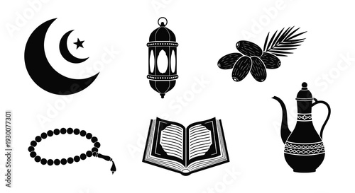 A collection of islamic symbols including a crescent moon lantern dates and a quran silhouette high quality professional