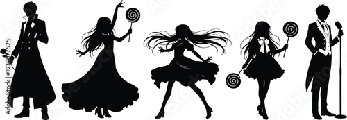 Elegant Anime Style Character Silhouettes with Lollipop and Microphone in Gothic Fashion Isolated on White Background Vector Illustration