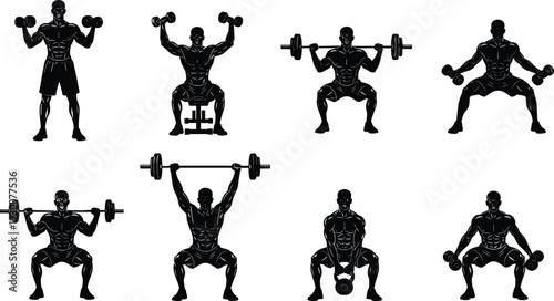 Fitness Workout Silhouettes Collection with Dumbbell and Barbell Strength Training Exercises Isolated on White Background Vector Illustration Set