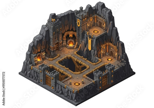 Isometric illustration of a fantasy castle with stone architecture and glowing orange lights