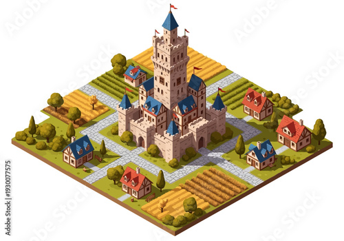 Isometric View of a Medieval Castle with Surrounding Village and Farmland in a Serene Landscape