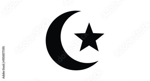 A striking black graphic depicts a crescent moon encircling a five pointed star a bold silhouette high quality professional