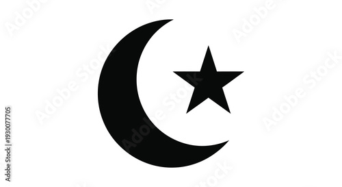 A stark black crescent moon and five pointed star design against a white background a bold silhouette high quality